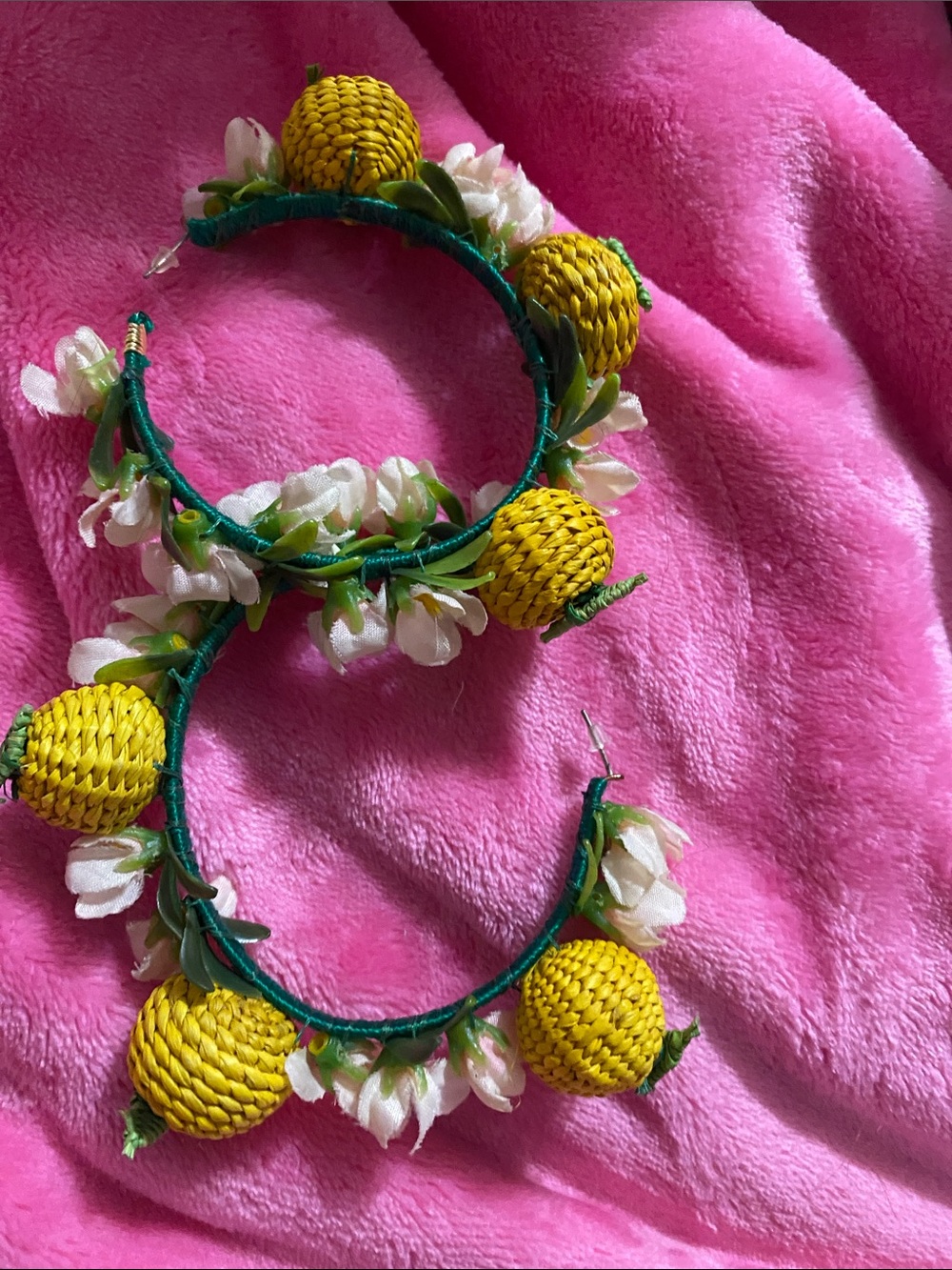Yellow Pineapple Hoop Earrings with Green Accents